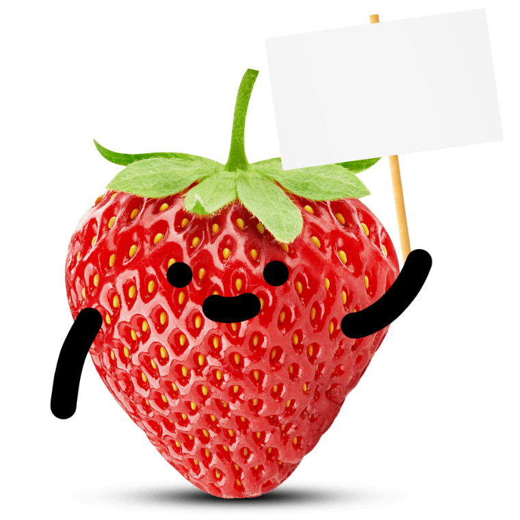 Strawberry character holding up a sign